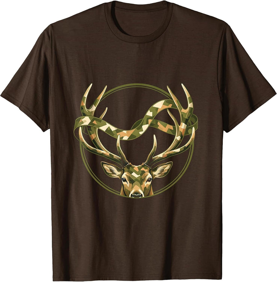 Deer Antlers Camo Ribbon Nature Hunting Design T-Shirt - Brown