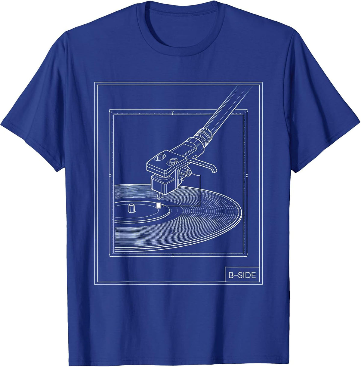 B-Side Technical Blueprint DJ Vinyl Record Turntable T-Shirt - Royal Blue