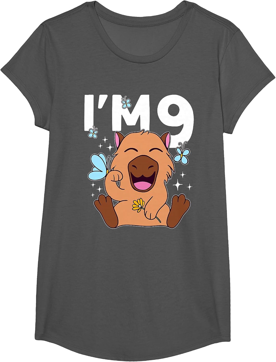 I'm 9 Bday Capybara 9th Birthday Capybara T-Shirt - Girls Asphalt Grey