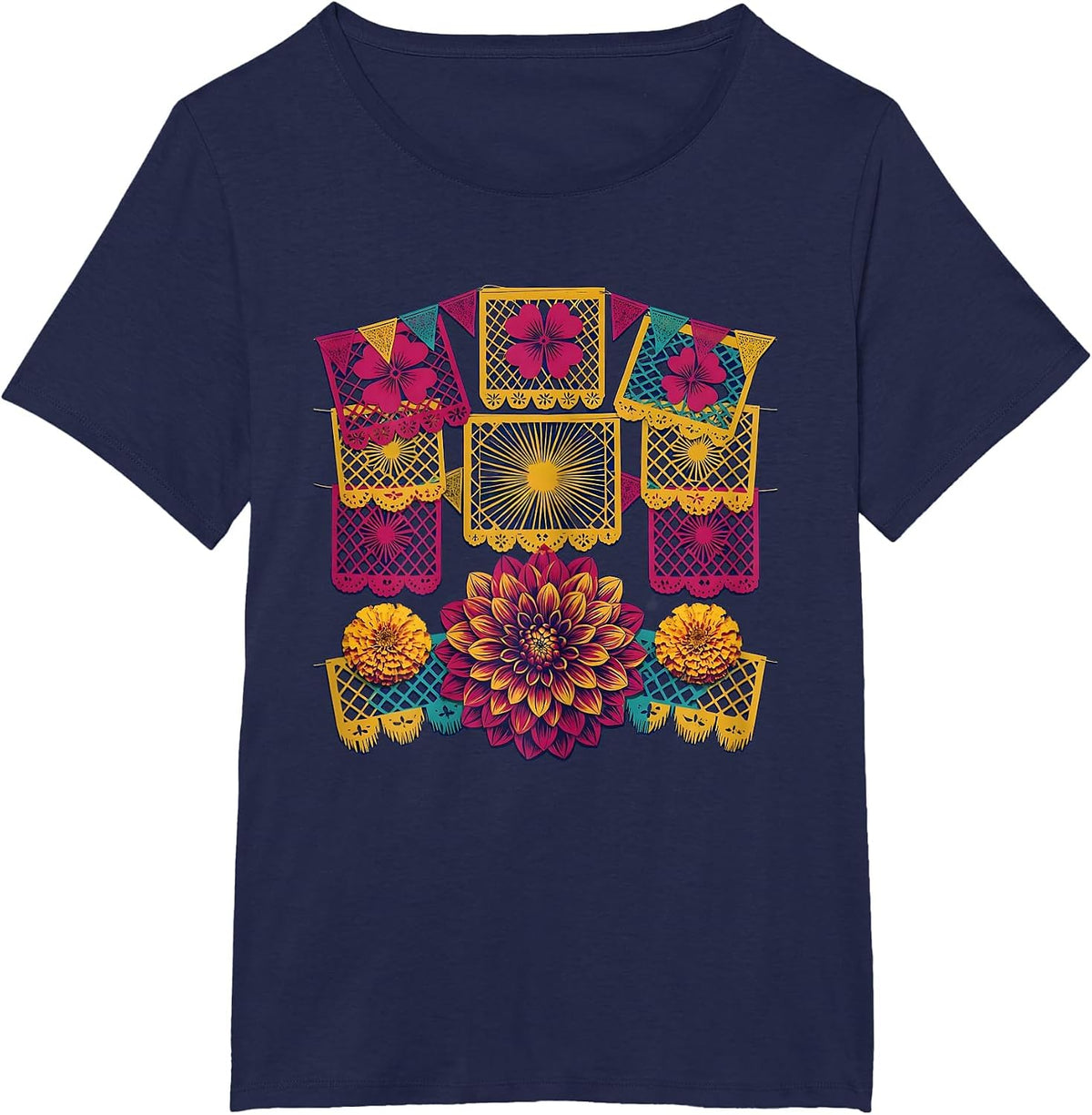 Women's Hispanic Heritage Month Papel Picado Floral Banner T-Shirt - Navy Blue