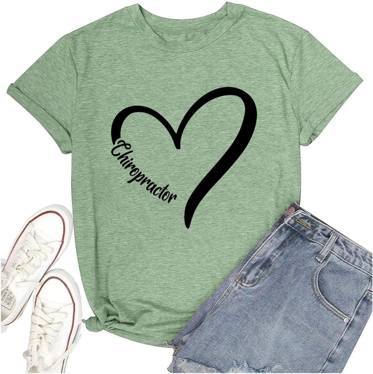 TSIIUO Women's Chiropractor Heart T-Shirt Funny Chiropractic Assistant Gift Chiropractor Casual Short Sleeve Tee Tops - Green
