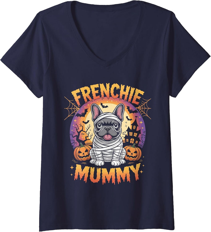 Women's Frenchie Mummy Halloween Costume Dog Owner French Bulldog V-Neck T-Shirt - Navy Blue