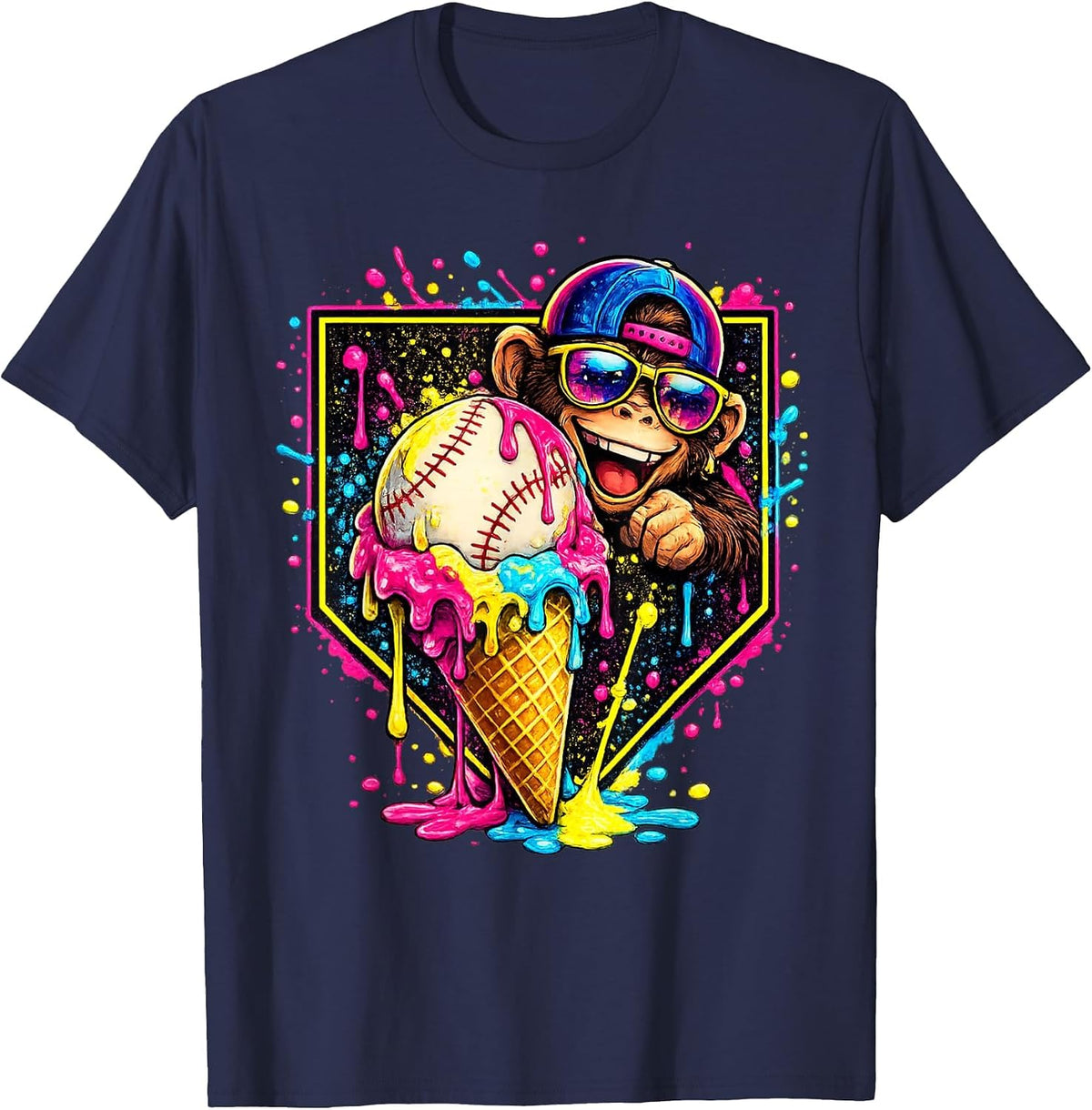 Monkey Funny Animals Baseball Ice Cream Drip Cool T-Shirt - Navy Blue