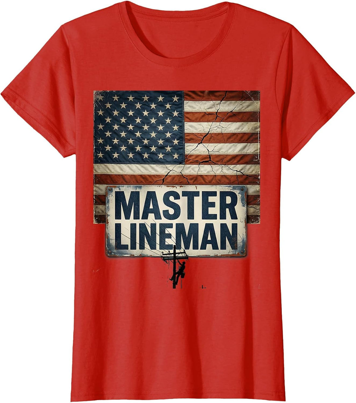 Master Lineman Distressed American Flag Lineman Workwear T-Shirt - Red