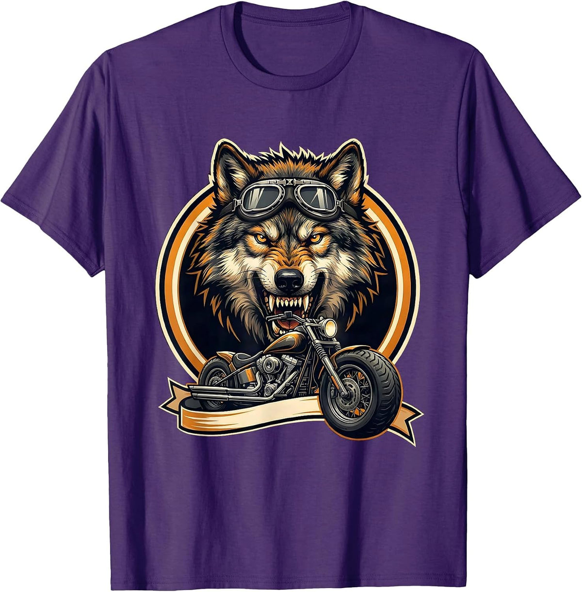 Men's Wolf Aviator Biker Graphic Tee Motorcycle Design T-Shirt - Purple