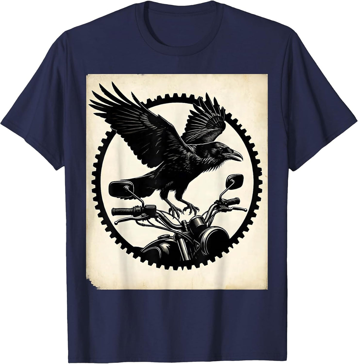 Raven on Rusted Motorcycle Handlebar Biker Art T-Shirt - Navy Blue