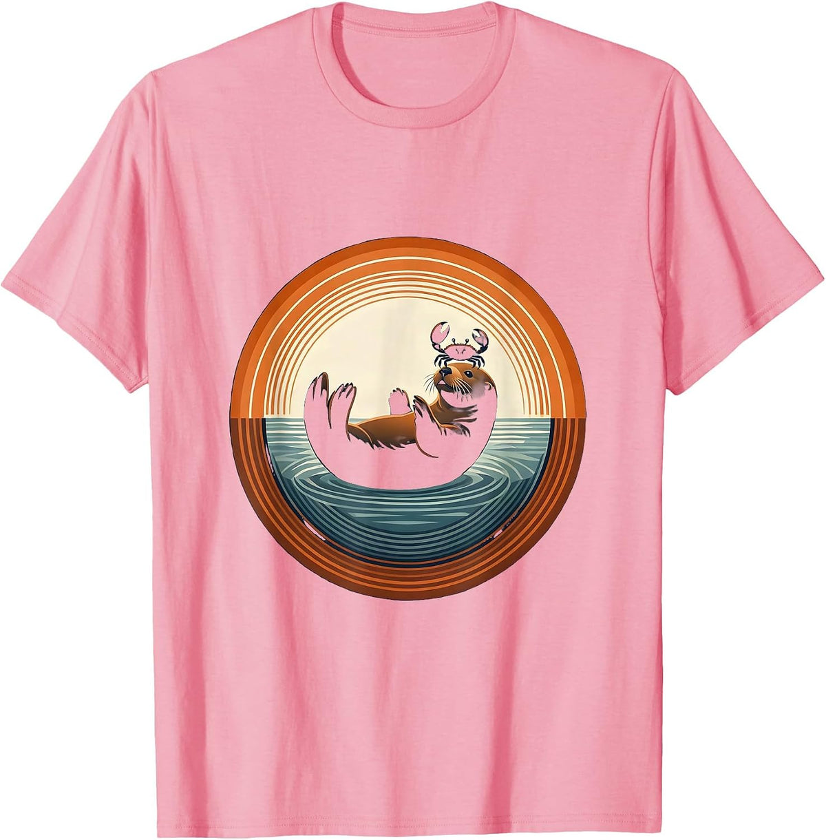Men's Sea Otter Balancing Crab on Nose Illustration T-Shirt - Pink