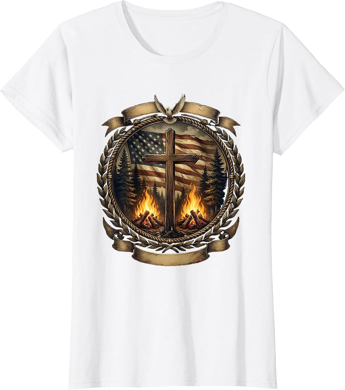 Women's Campfire Pine Trees Night Sky Wilderness Design T-Shirt - White