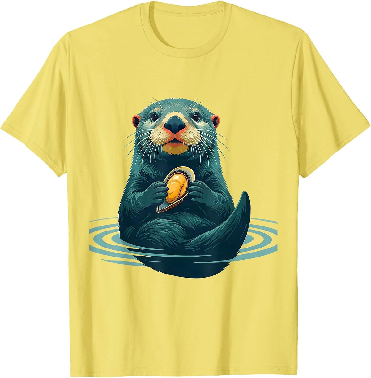 Men's Sea Otter Mussel Flat Vector Funny Otter Lover Gift T-Shirt - Lemon Yellow