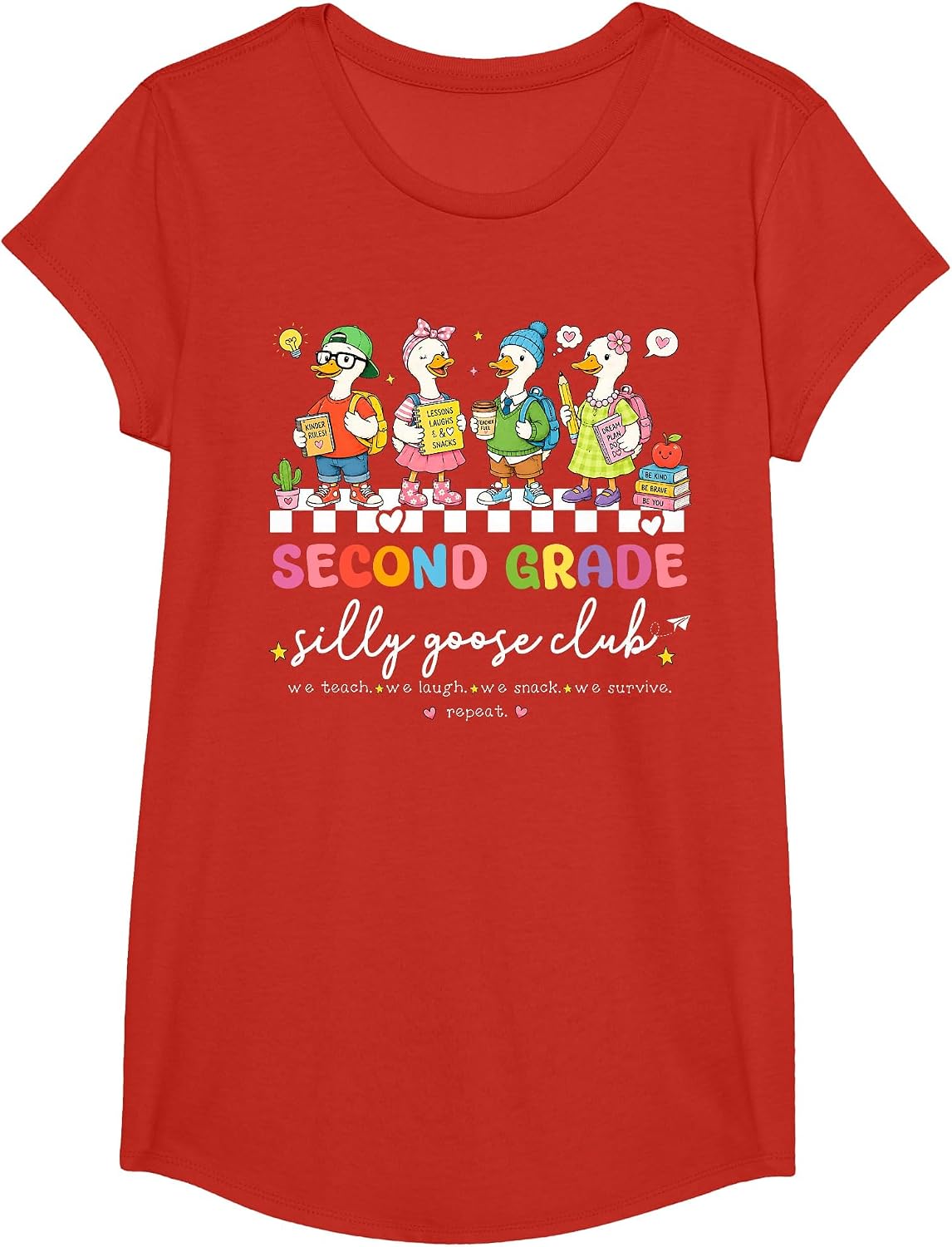 Back to School Second 2nd Grade Silly Goose Club Teacher Kid T-Shirt - Girls Red