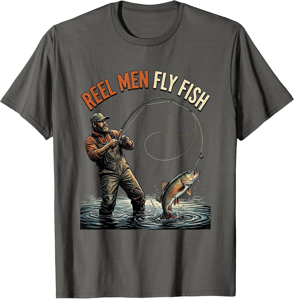 Reel Men Fly Fish Fly Fishing Design T-Shirt - Asphalt Grey