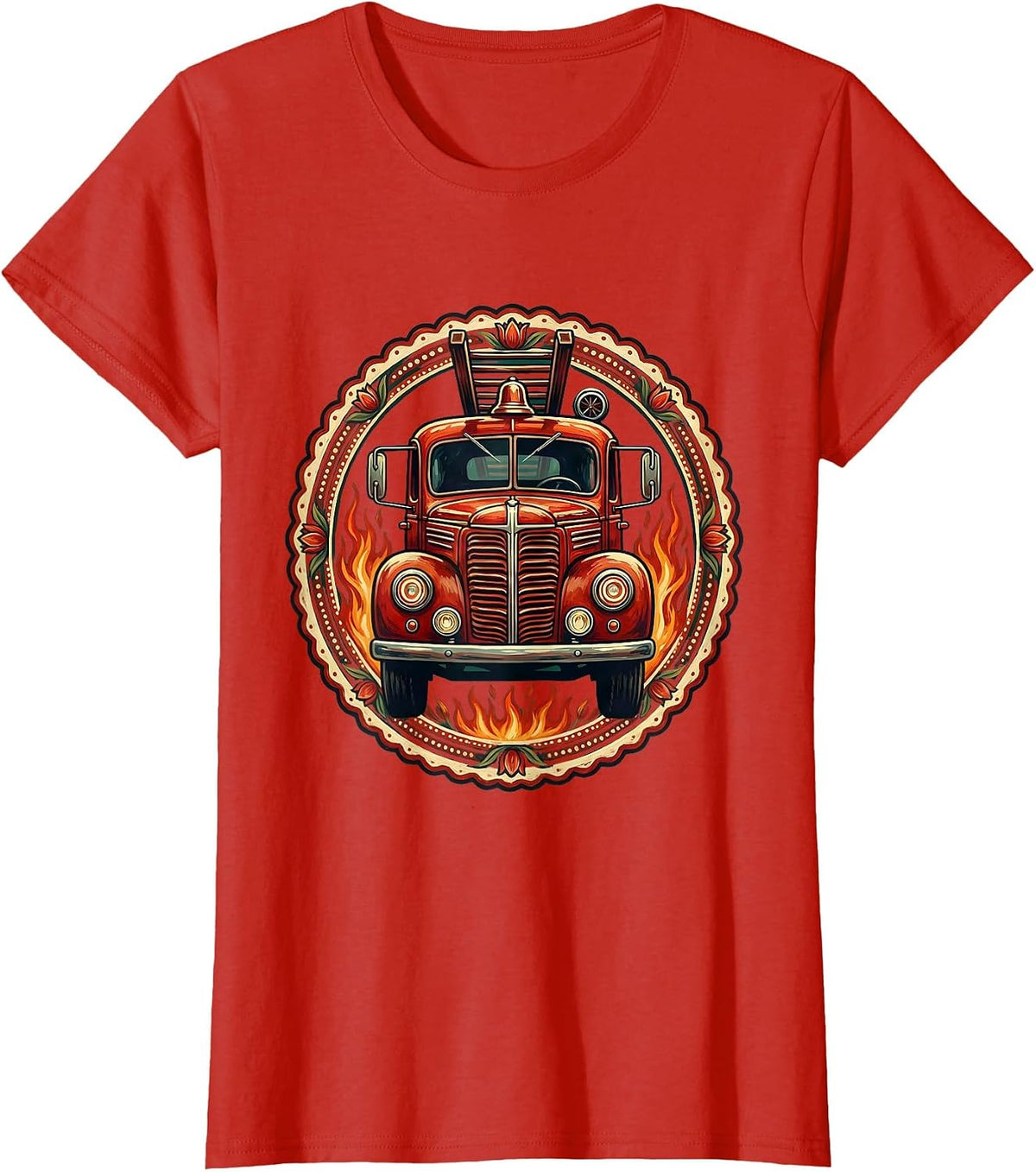 Vintage Fire Truck Front View Graphic T-Shirt - Red