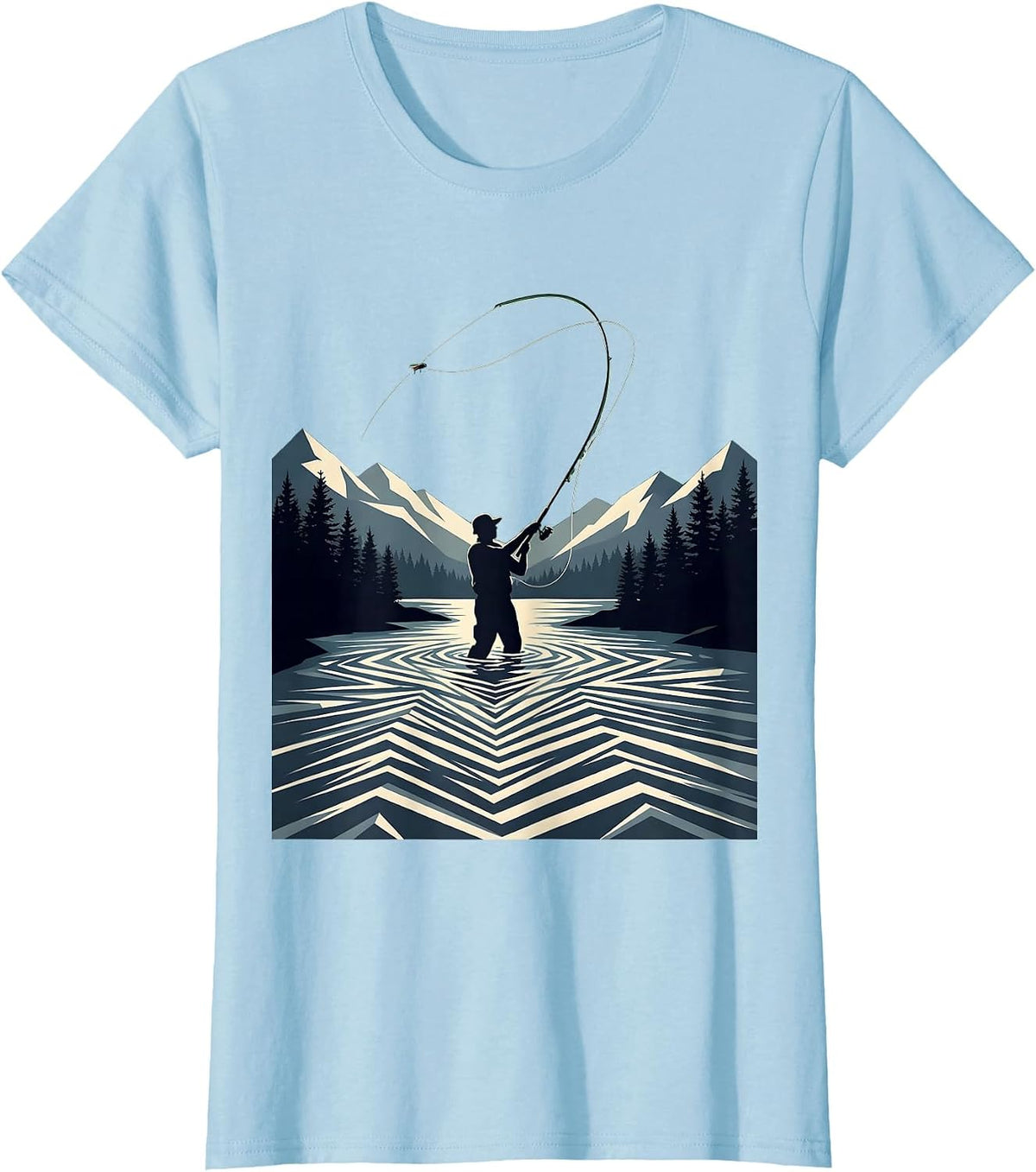 Fly Fishing Mountain River Graphic Tee T-Shirt - Baby Blue