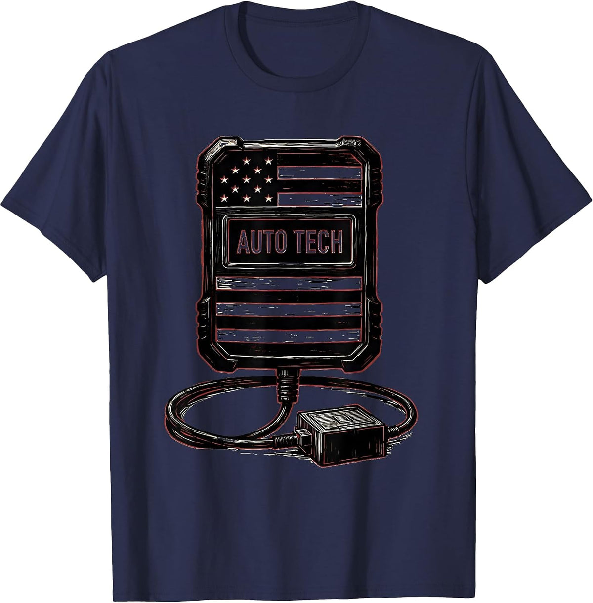 Men's Auto Tech Linocut American Flag Mechanic Gift for Oilfield T-Shirt - Navy Blue
