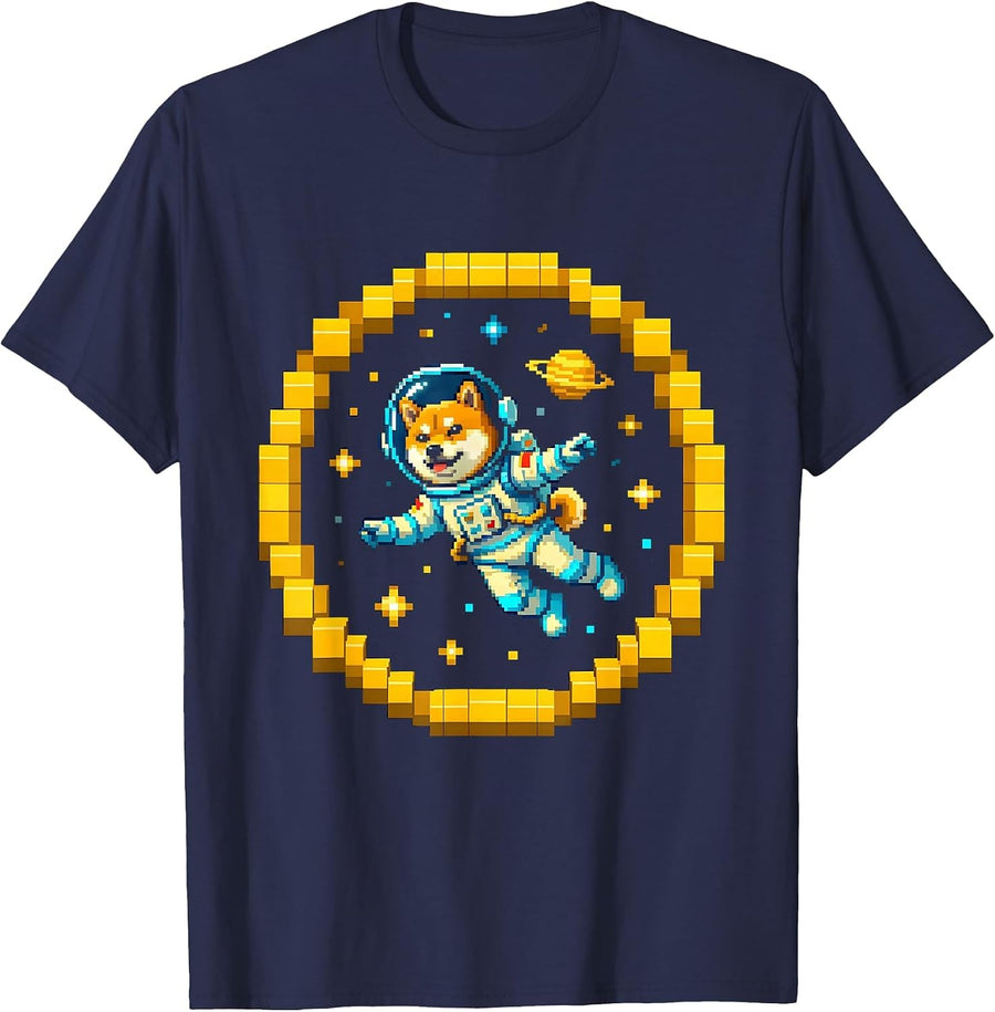 Shiba Inu Floating in Space Cosmic Dog Stars T-Shirt - Navy Blue
