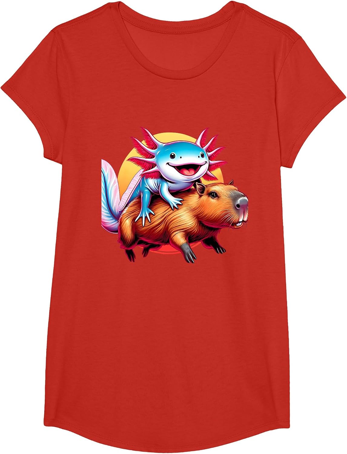 Funny Capybara Graphic Tee Men Women Kids Boys Axolotl Lover T-Shirt - Girls Red