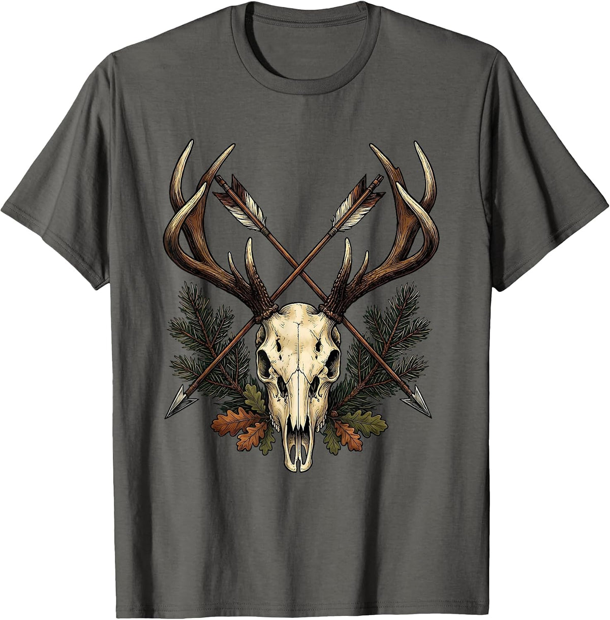 Crossed Arrows Deer Skull Hunting Graphic Tee T-Shirt - Asphalt Grey