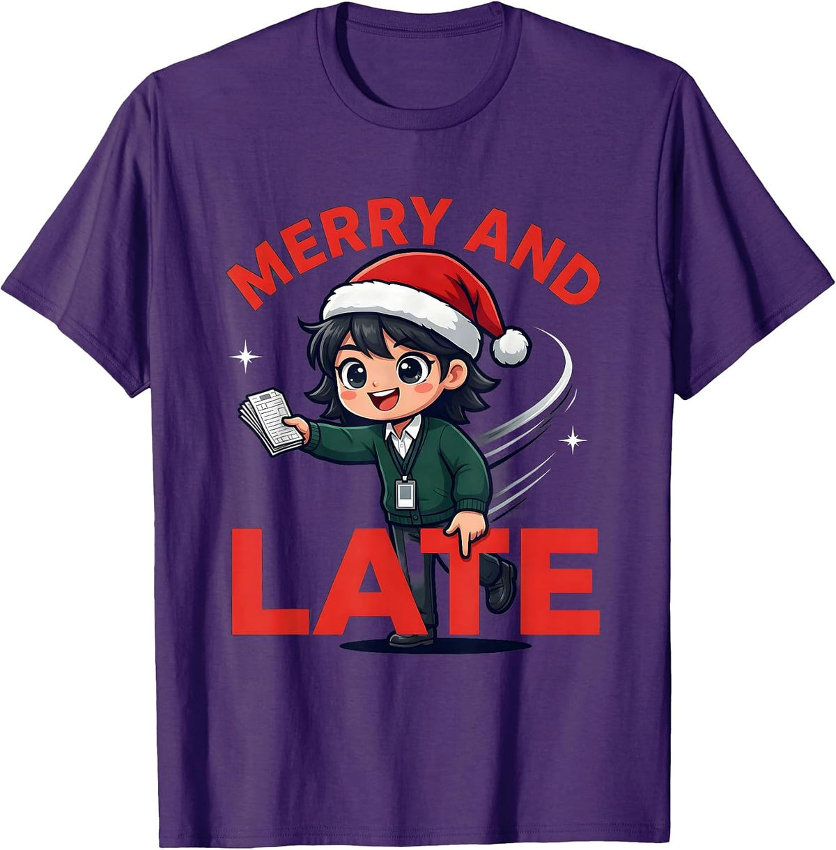 MERRY AND LATE Funny School Staff Christmas Cartoon T-Shirt - Purple