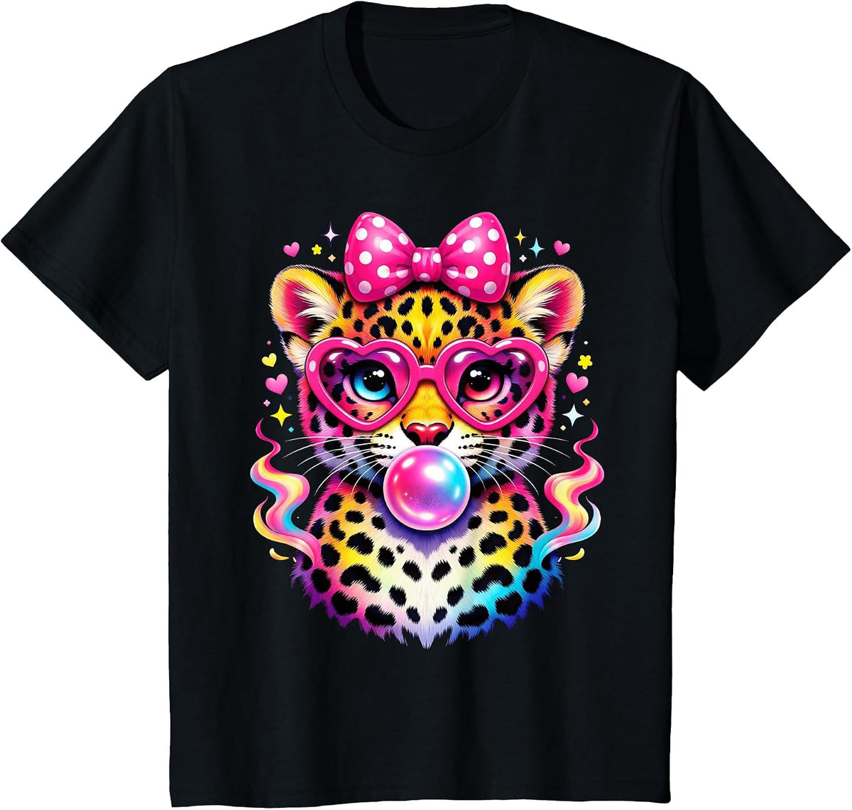 Funny Leopard Glasses Blowing Bubble Gum Back to School Kids T-Shirt - Black