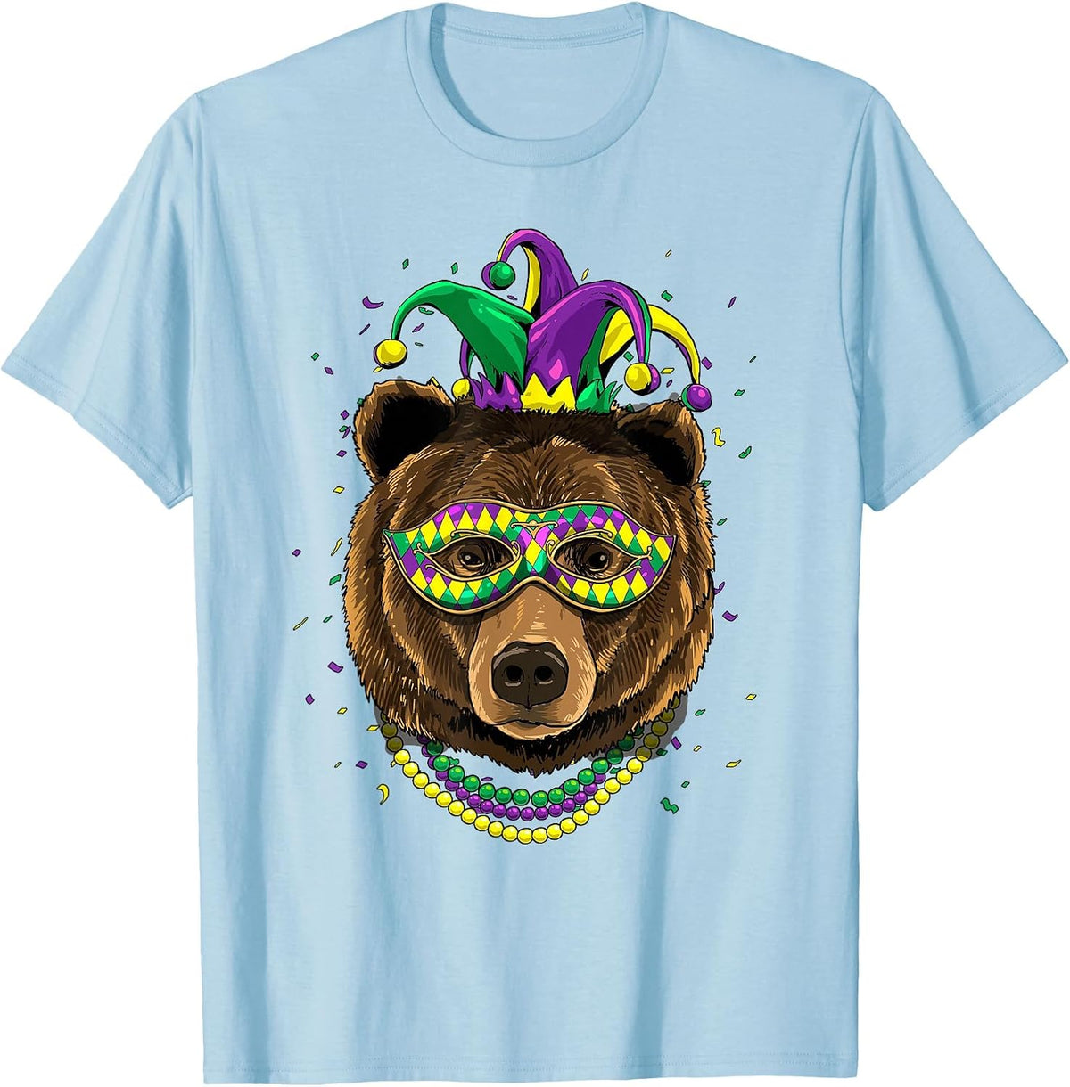 Bear Animal Lover Cute Mardi Gras Carnival Jester T-Shirt, Men, Baby Blue, Large - As Pictured