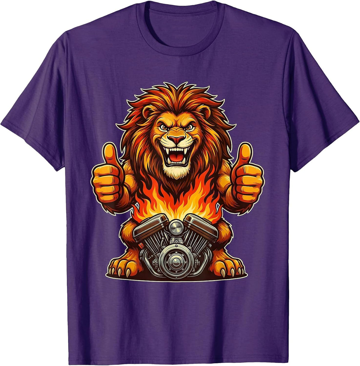 Men's Lion Head Motorcycle Engine Flames Graphic T-Shirt - Purple