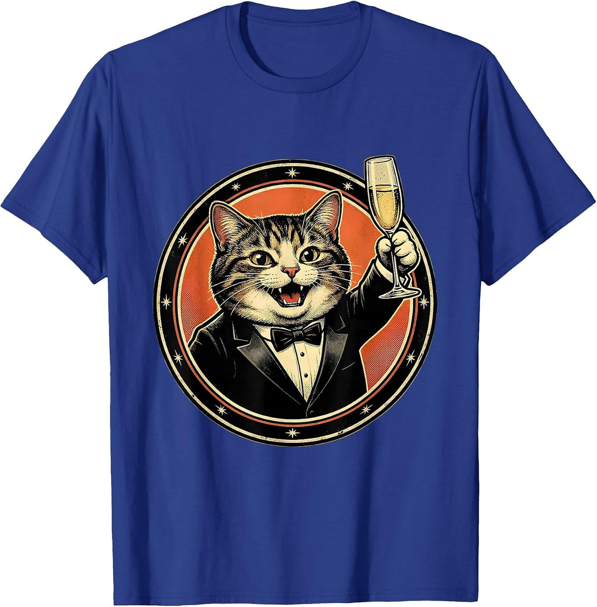 Men's Fancy Cat in Tuxedo with Champagne Glass T-Shirt - Royal Blue