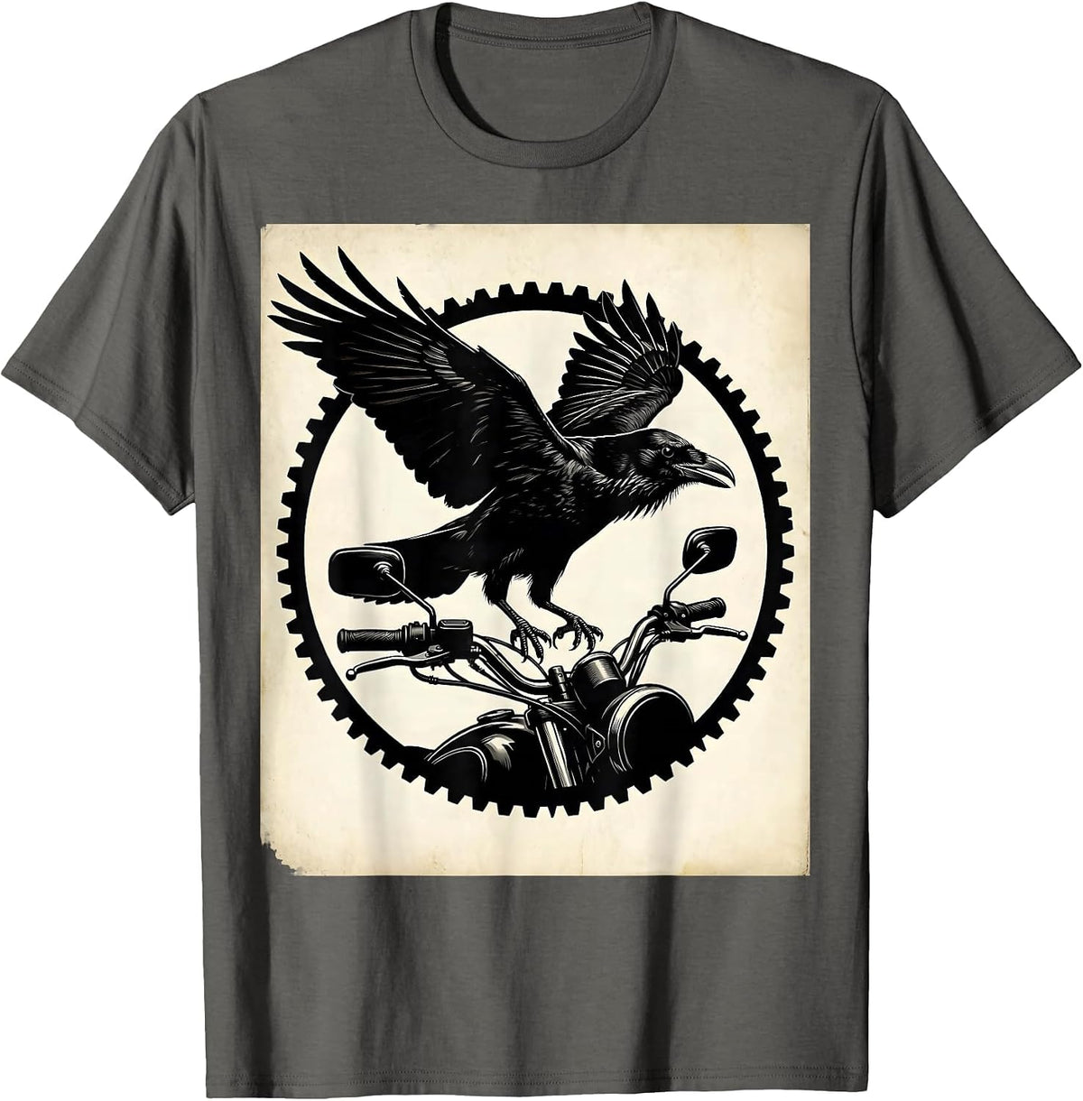 Raven on Rusted Motorcycle Handlebar Biker Art T-Shirt - Asphalt Grey