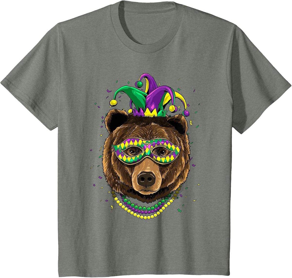 Bear Animal Lover Cute Mardi Gras Carnival Jester T-Shirt, Youth, Olive Heather, 3T - As Pictured