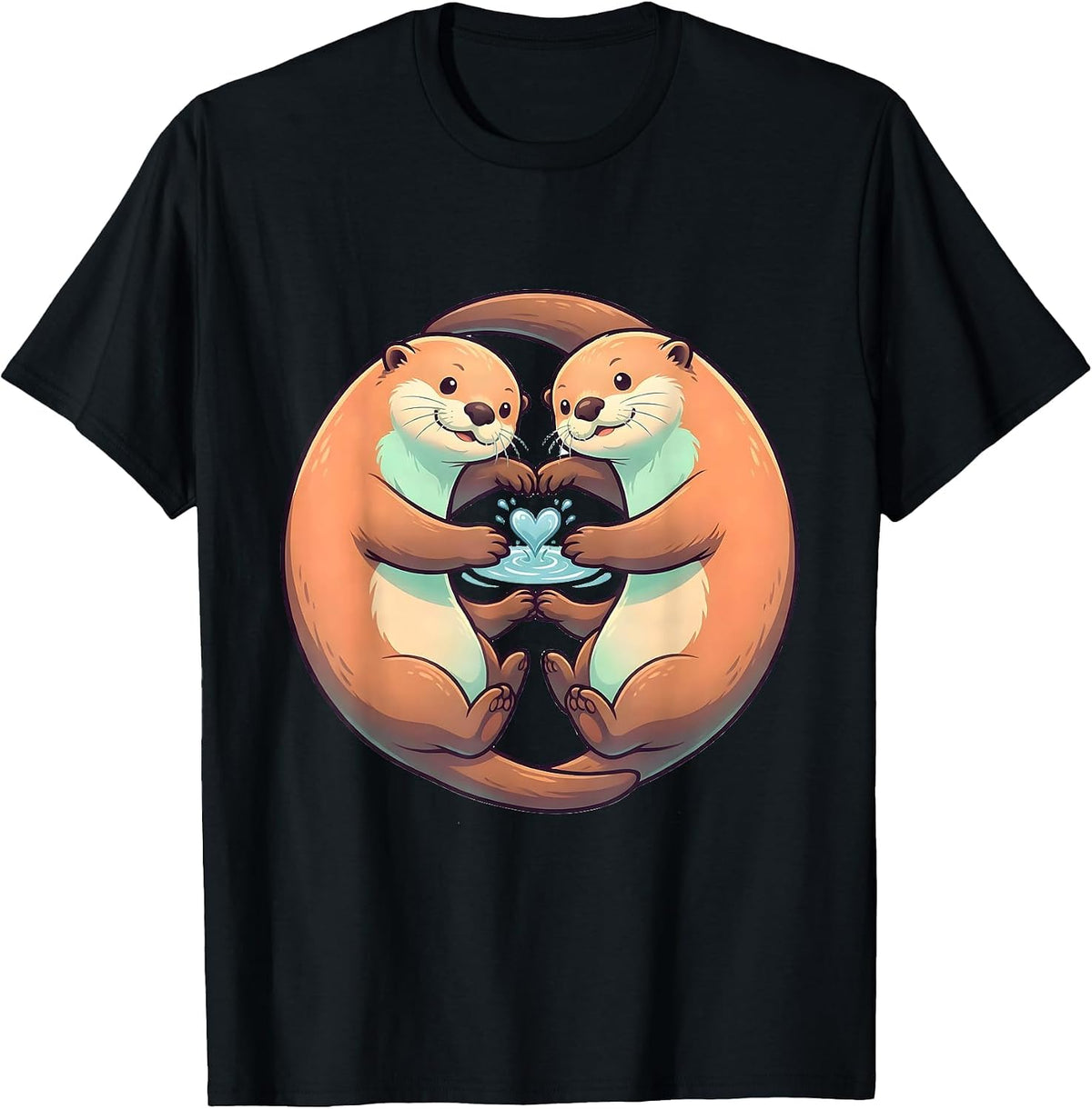 Men's Rounded Sea Otters Cute Kawaii Couple Valentine T-Shirt - Black
