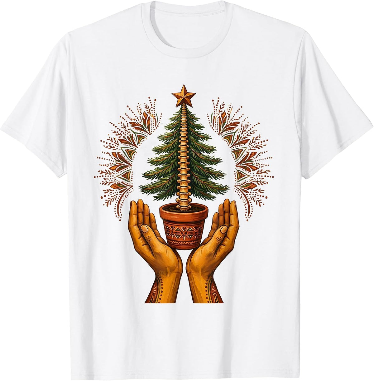 Men's Symmetrical Hands Offering Evergreen Folk Art Chiropractor T-Shirt - White