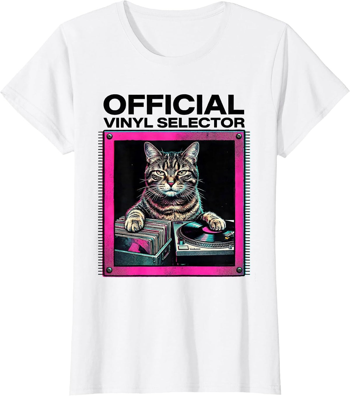 Official Vinyl Selector Risograph Funny Cat DJ Rock Music T-Shirt - White