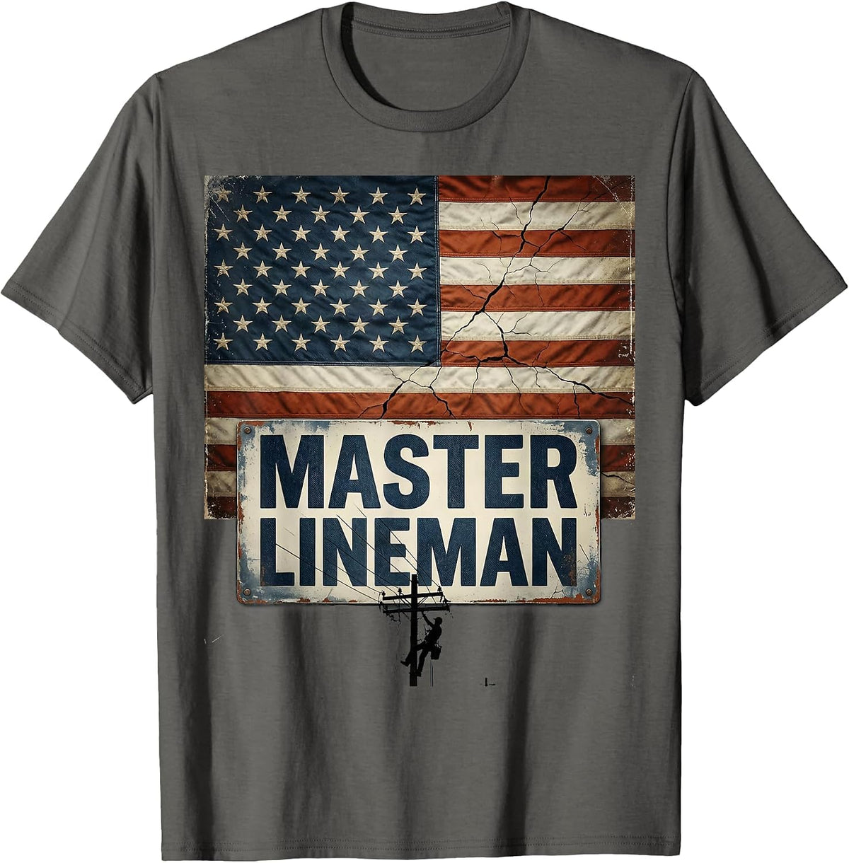 Master Lineman Distressed American Flag Lineman Workwear T-Shirt - Asphalt Grey