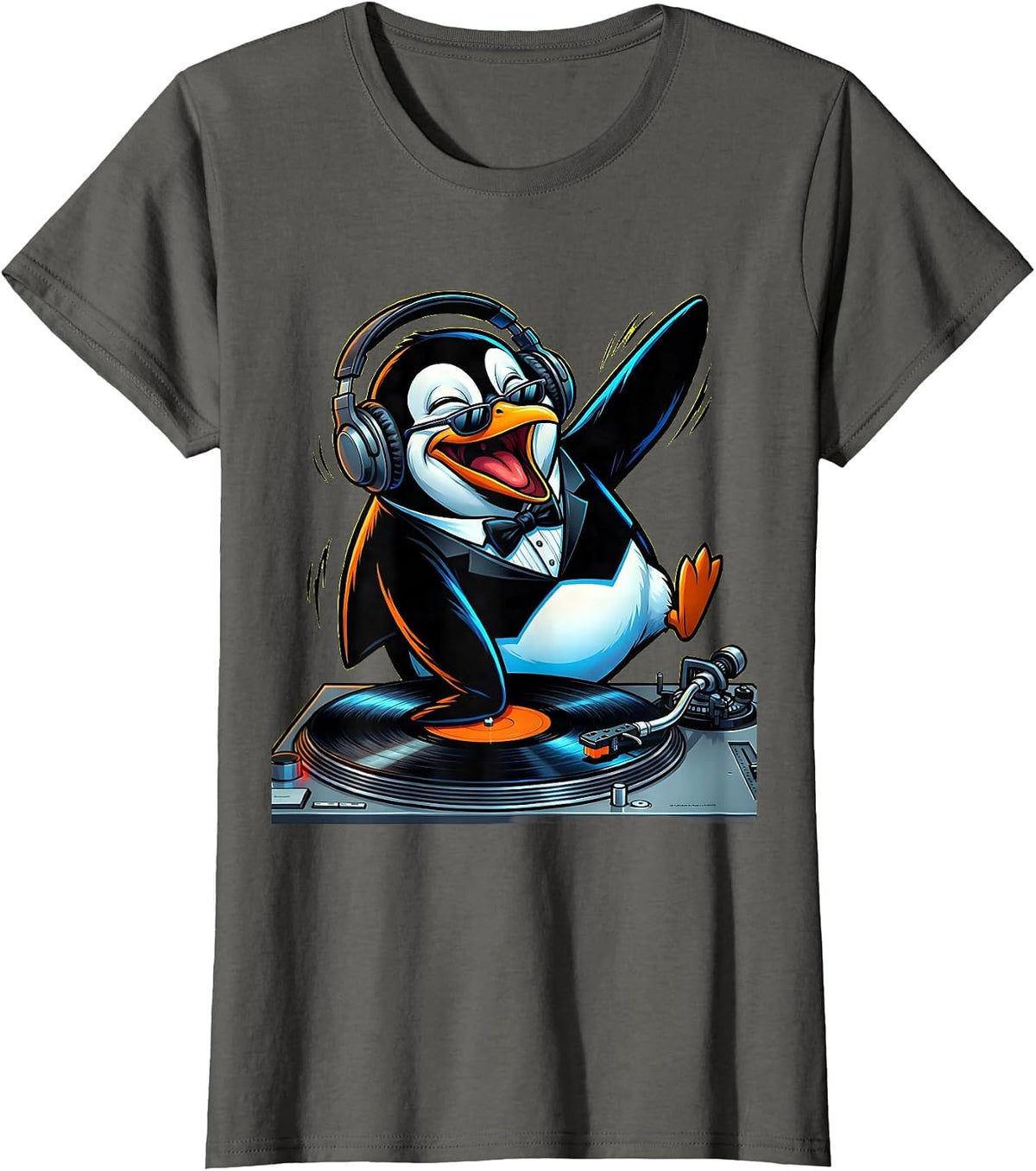 Women's Penguin DJ Spinning Records Turntable Graphic T-Shirt - Asphalt Grey
