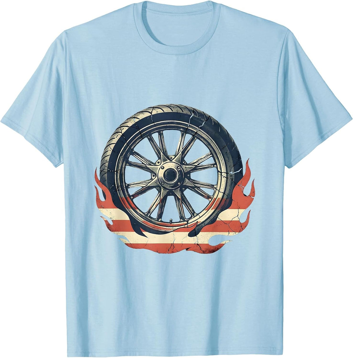 Men's Patriotic Motorcycle Wheel Flag Flame Graphic T-Shirt - Baby Blue