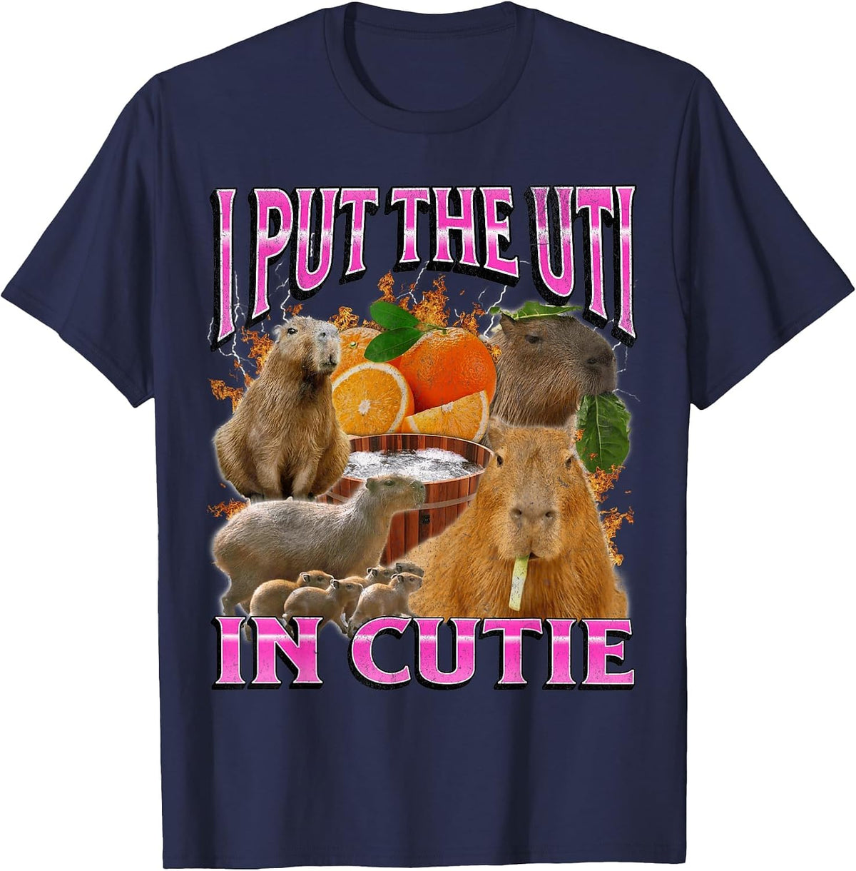 Put The UTI in Cutie Funny Capybara Meme Bootleg Y2K Graphic T-Shirt - Navy Blue