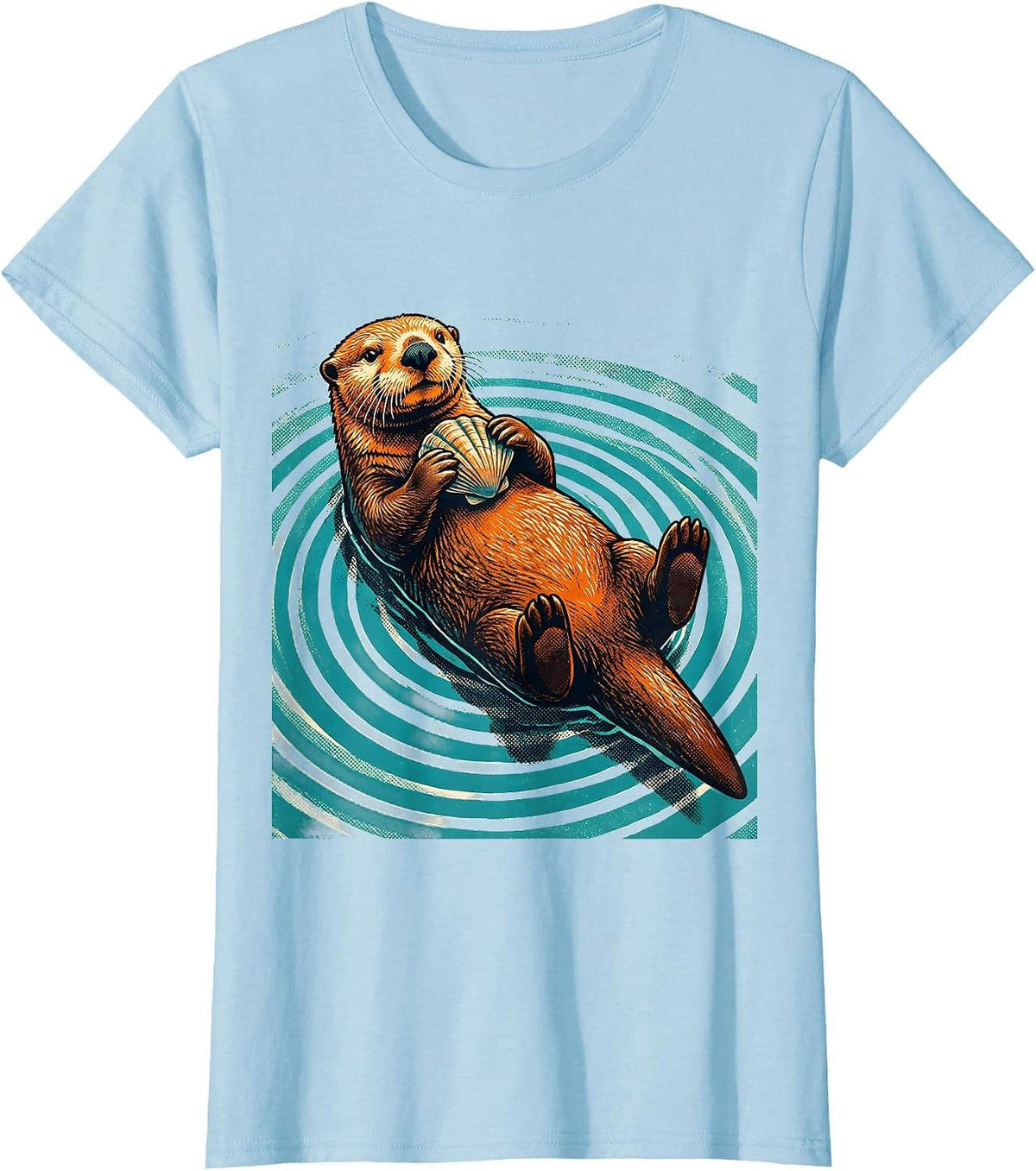 Women's Sea Otter Cracking Clam Graphic Design T-Shirt - Baby Blue