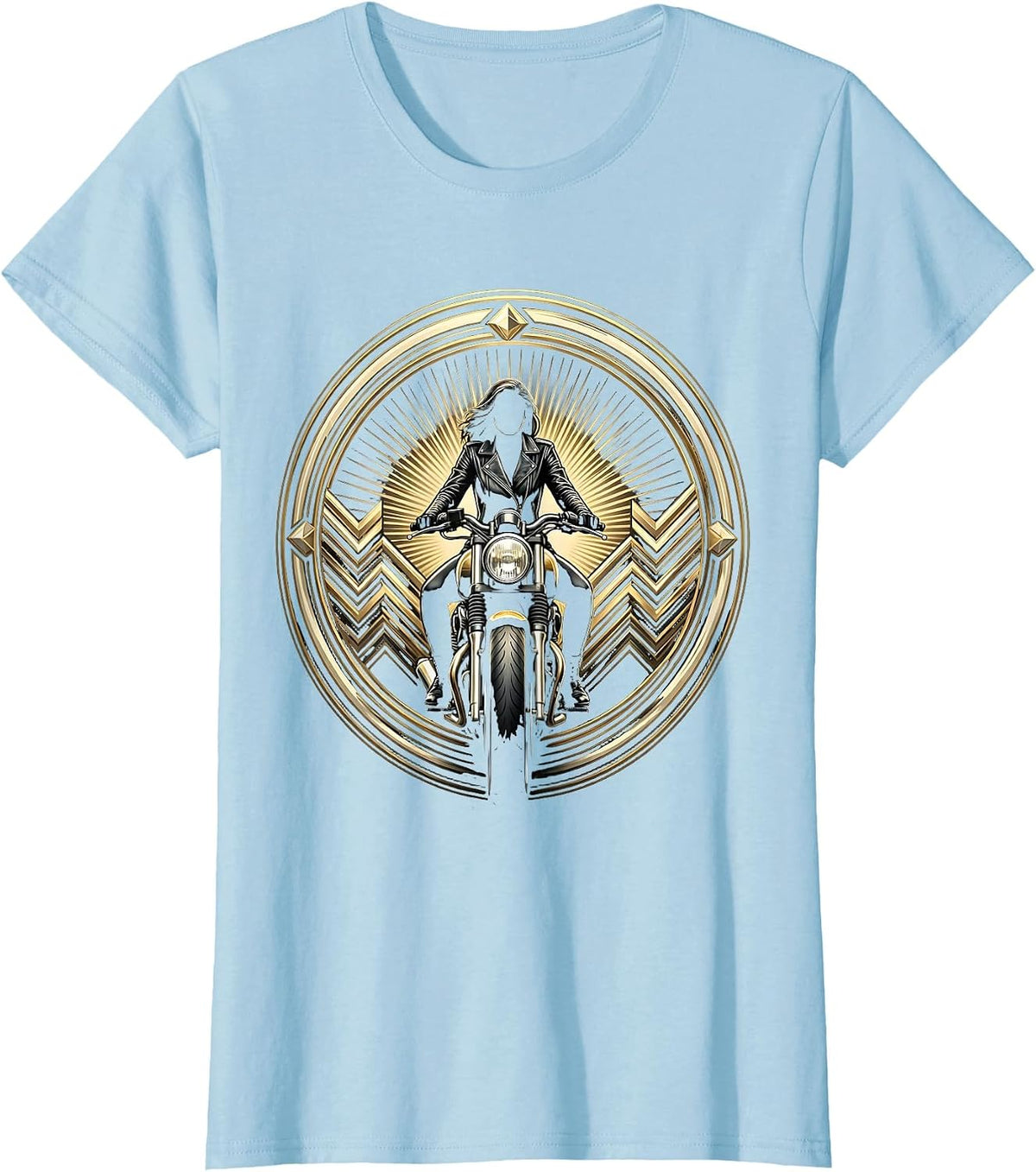 Leather Jacket Biker Straddling Motorcycle Graphic T-Shirt - Baby Blue