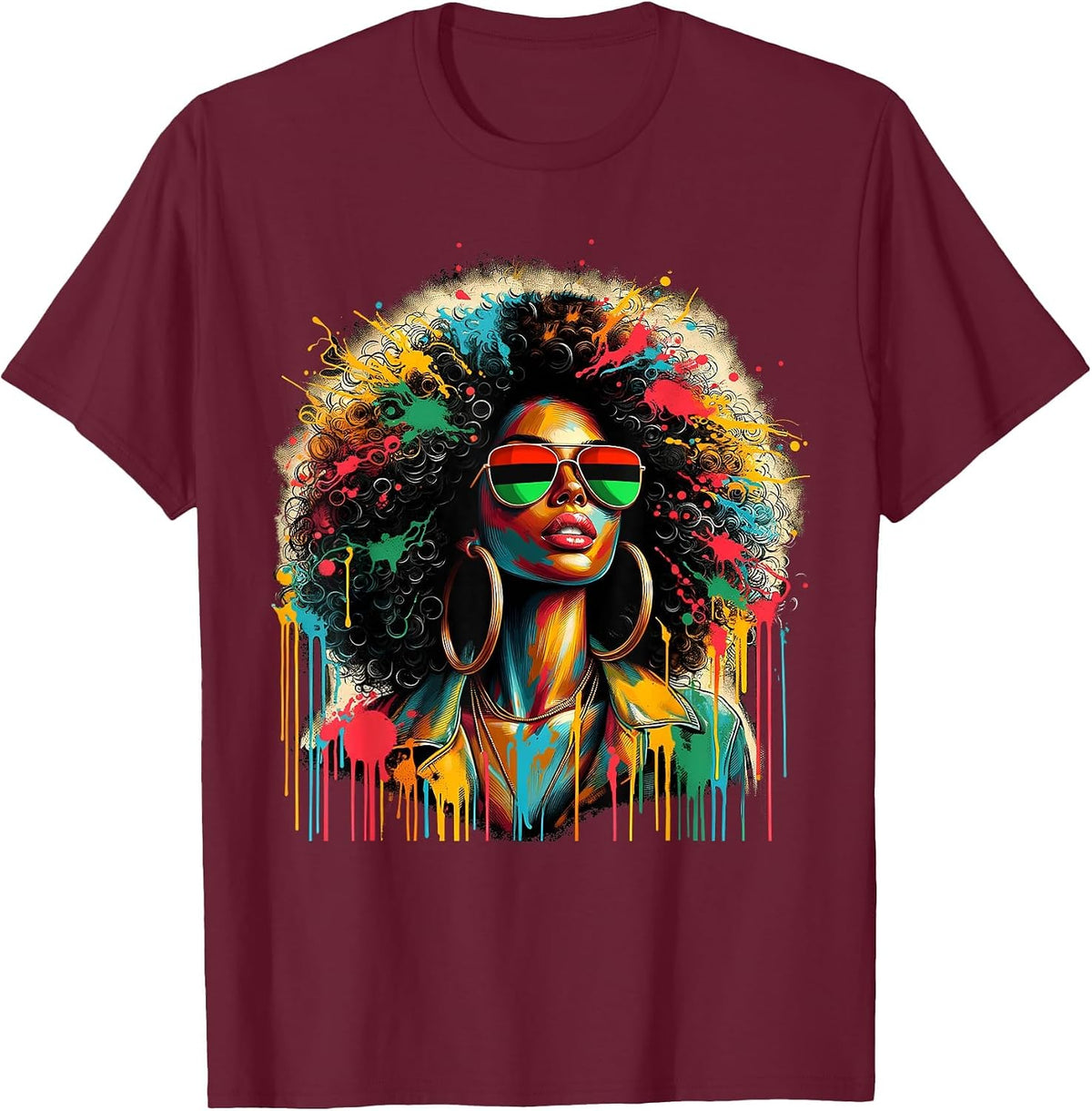Juneteenth Black Womens Queen Afro African Melanin Dripping T-Shirt - Burgundy