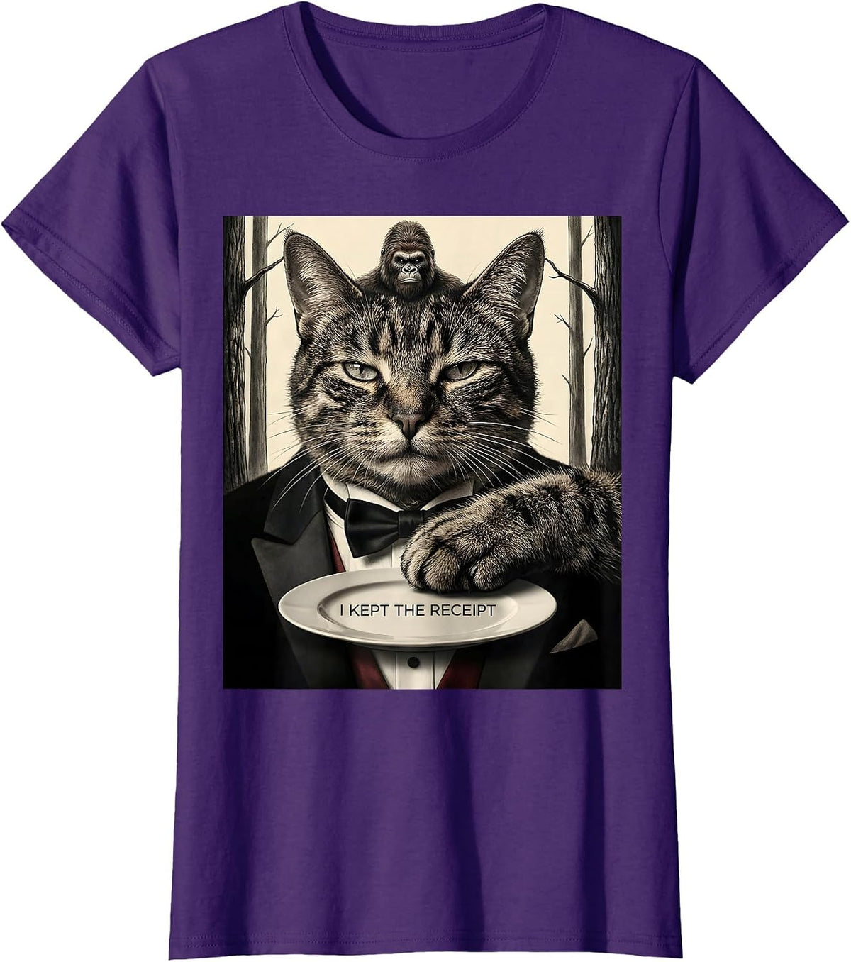 Women's I Kept The Receipt Funny Cat Selfie With Sasquatch Bigfoot T-Shirt - Purple