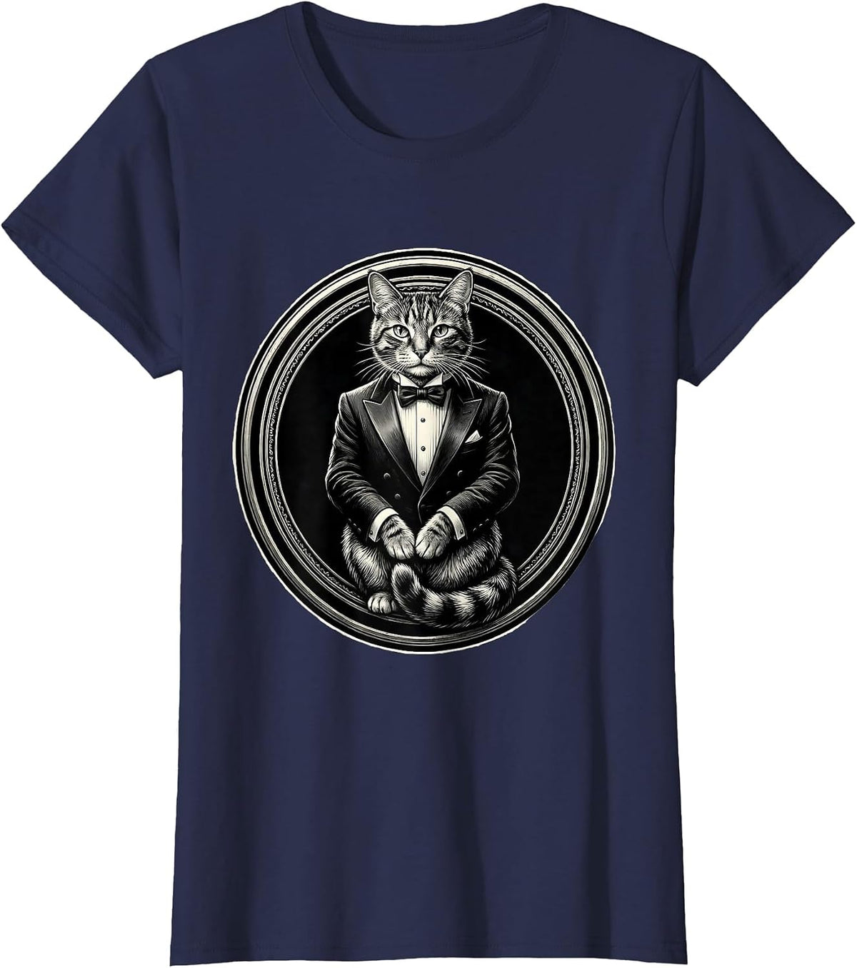 Women's Proud Cat in a Tiny Tuxedo Illustration T-Shirt - Navy Blue