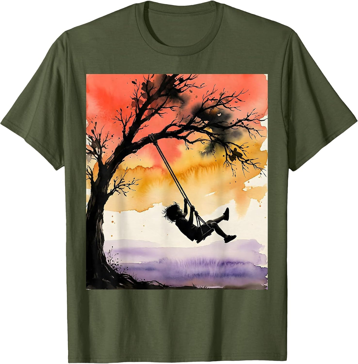 Autism Awareness Child Swinging Sunset Graphic T-Shirt - Olive Green