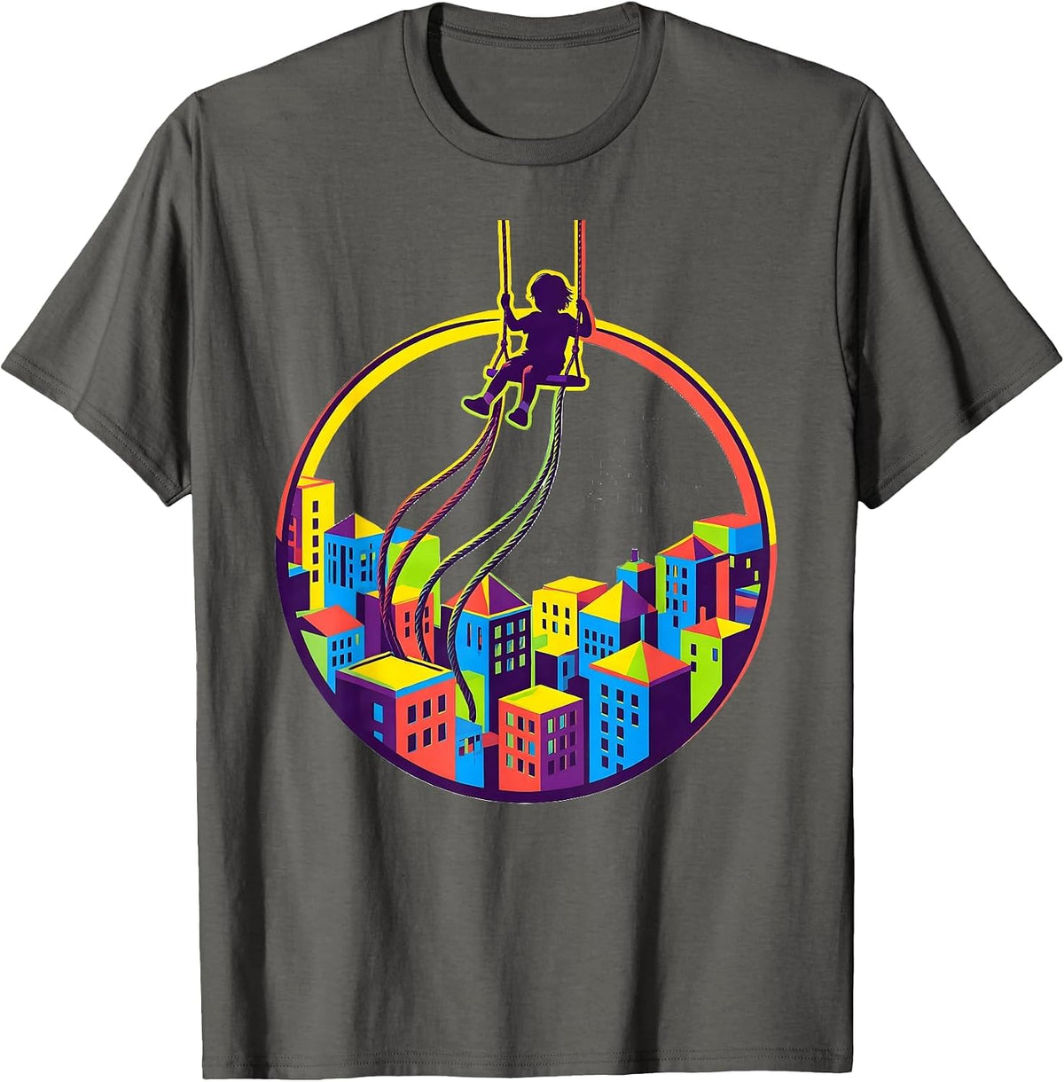 Autism Awareness Child Swinging Over Cityscape T-Shirt - Asphalt Grey