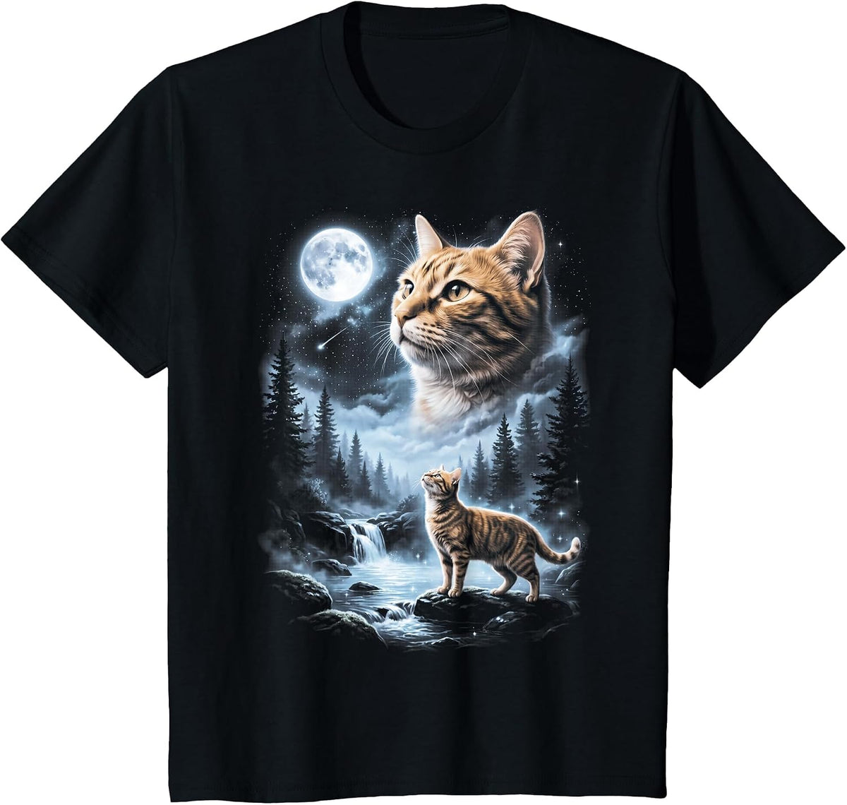 Orange Tabby Cat Howling at Moon 90's Retro T-Shirt - Black