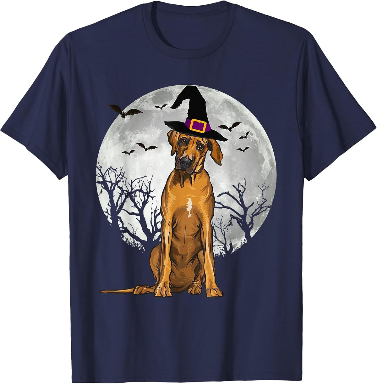 Scary Rhodesian Ridgeback Dog Witch Hat Halloween T-Shirt - Navy Blue