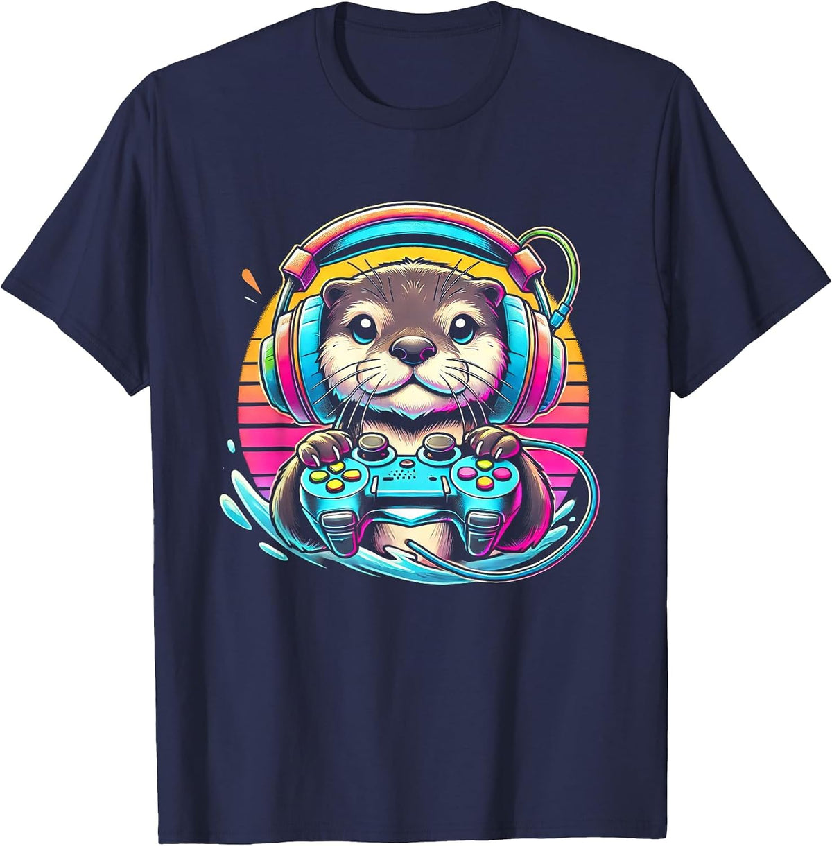 Otter Funny Video Game Controller T-Shirt - Navy Blue