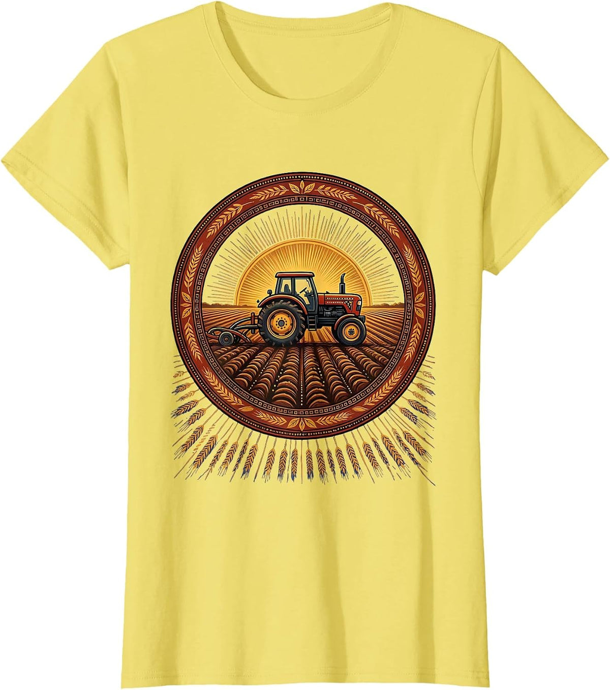 Tractor Plowing Field Open Blue Sky Illustration T-Shirt - Lemon Yellow