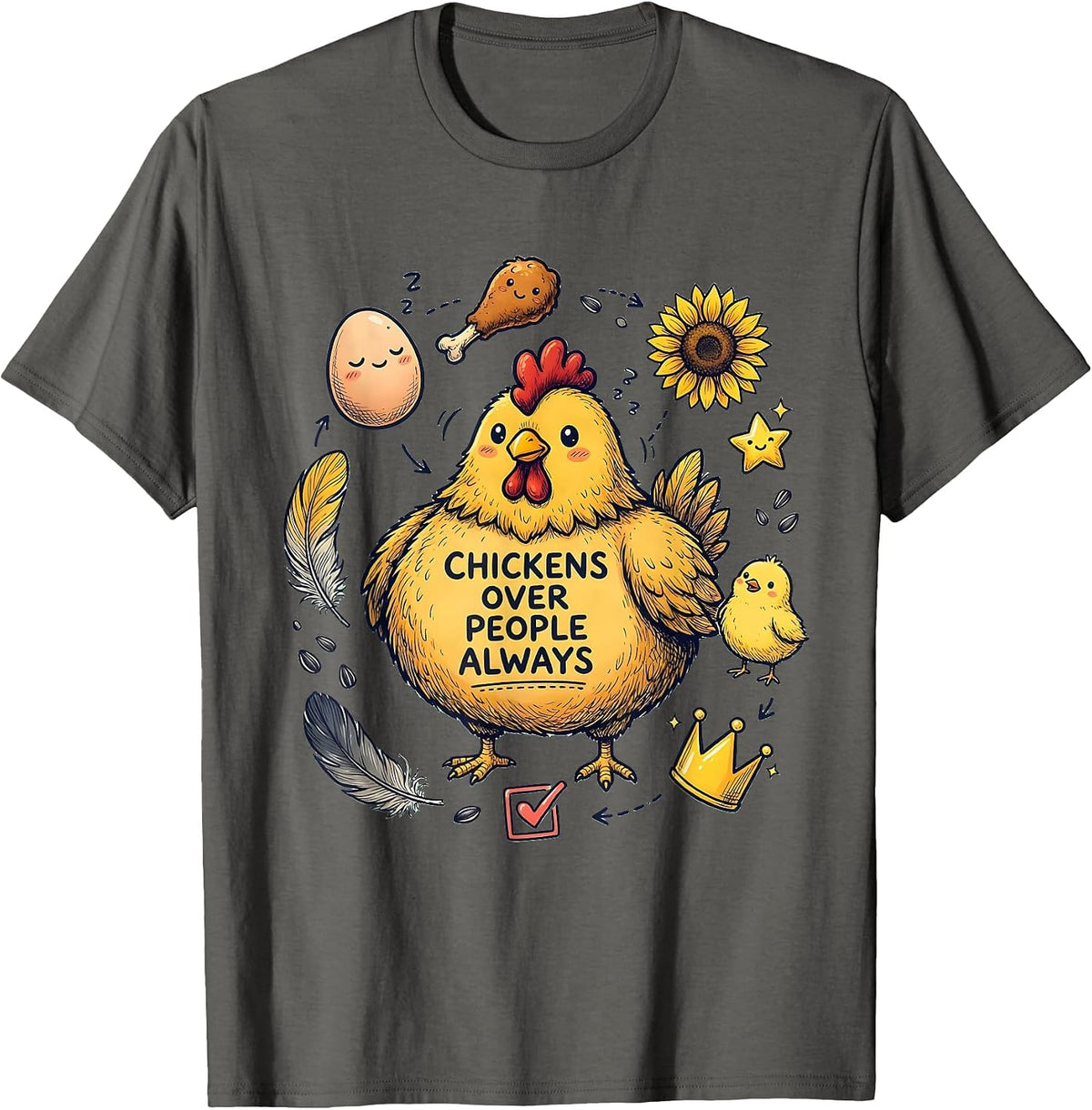 Men's Chickens Over People Always Funny Chicken Design T-Shirt - Asphalt Grey