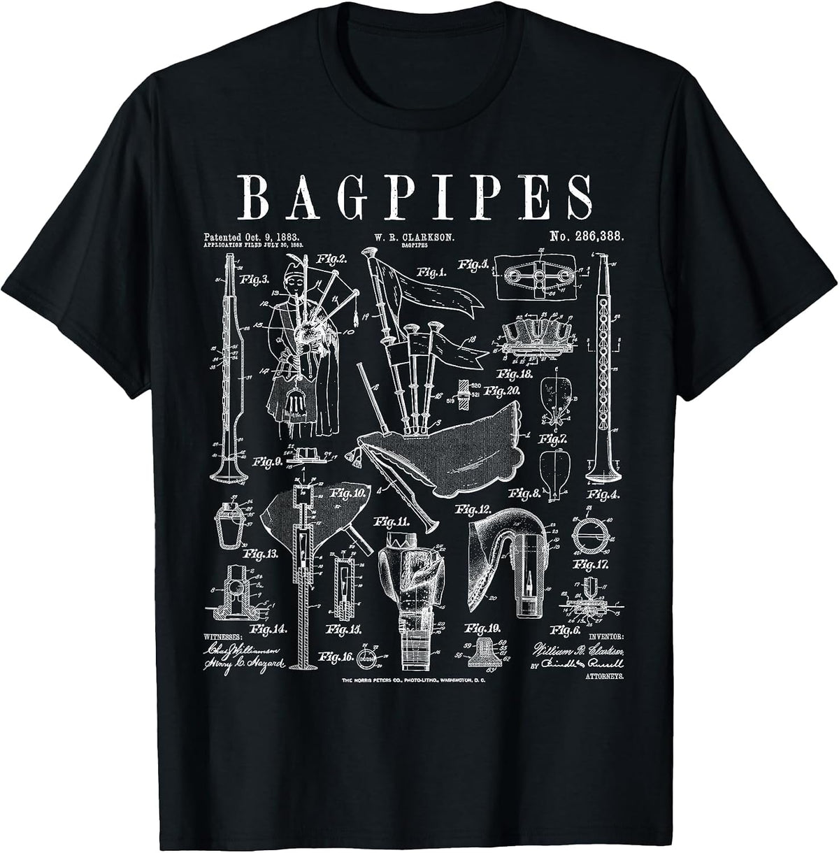 Bagpipes Bagpiper Bagpipe Player Vintage Patent Musician T-Shirt - Black