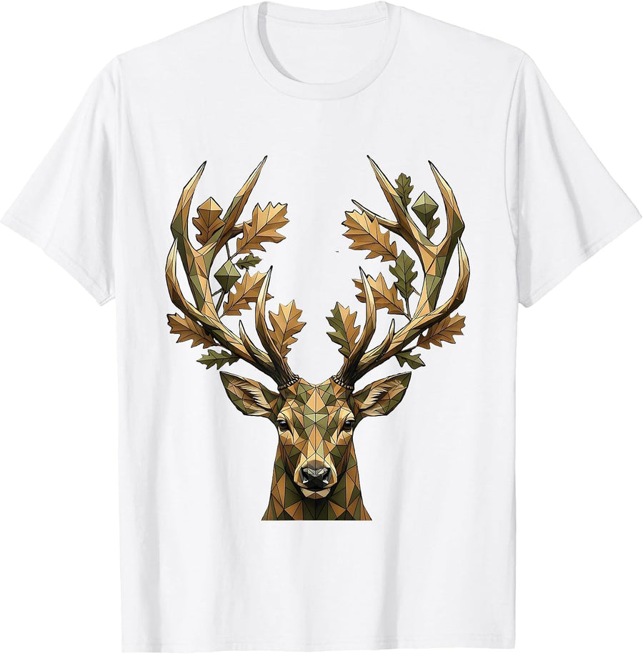 Camo Deer Antlers Oak Leaves Hunting Design T-Shirt - White