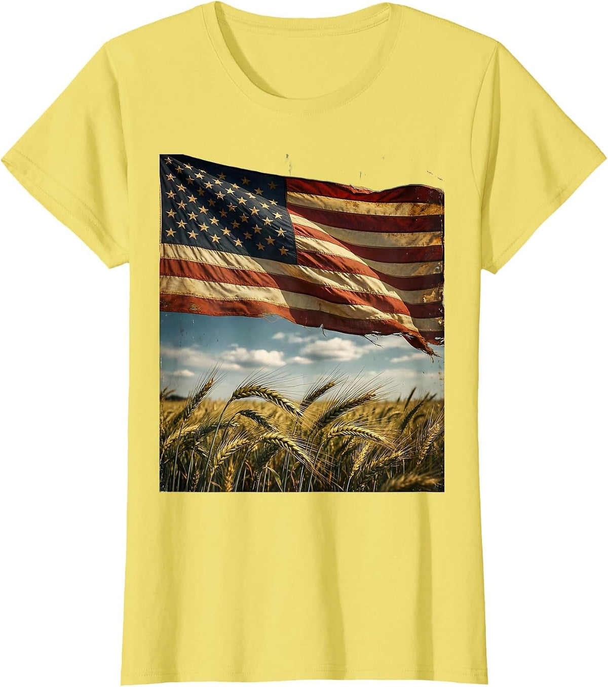 American Flag Waving Over Golden Wheat Field T-Shirt - Lemon Yellow
